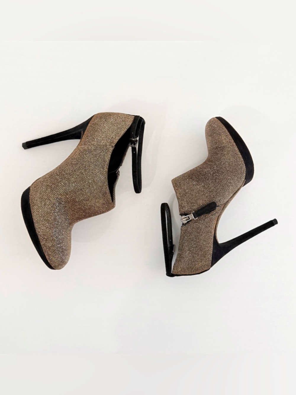 BRIAN ATWOOD FRUITERA BLACK SUEDE METALLIC GOLD SILVER HIGH HEEL BOOTIES - Picture 2 of 11